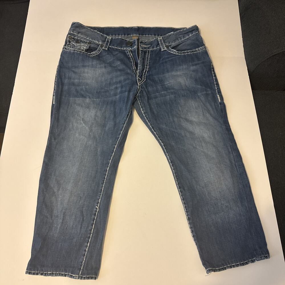 True Religion Ricky Jeans Relaxed Straight Mens 40x26 Blue Denim White Stitched!